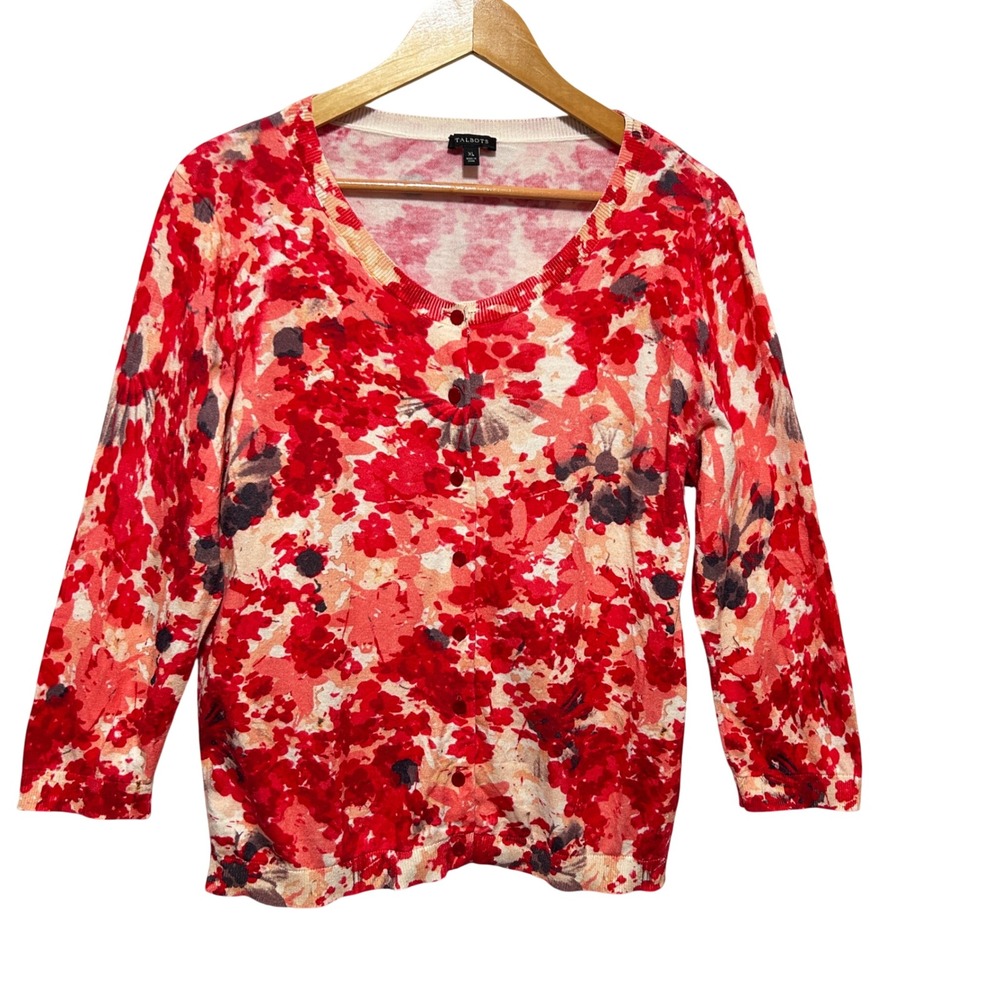 Talbots Women Cottage Knit Cardigan XL Red Abstract Floral Print Garden Party
